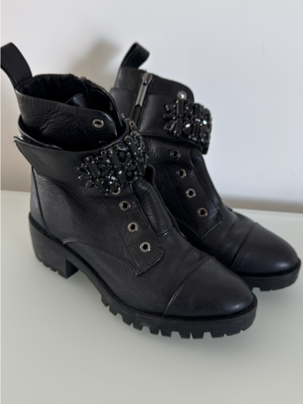 Karl Lagerfeld Black Embellished Leather Combat Boots - Women